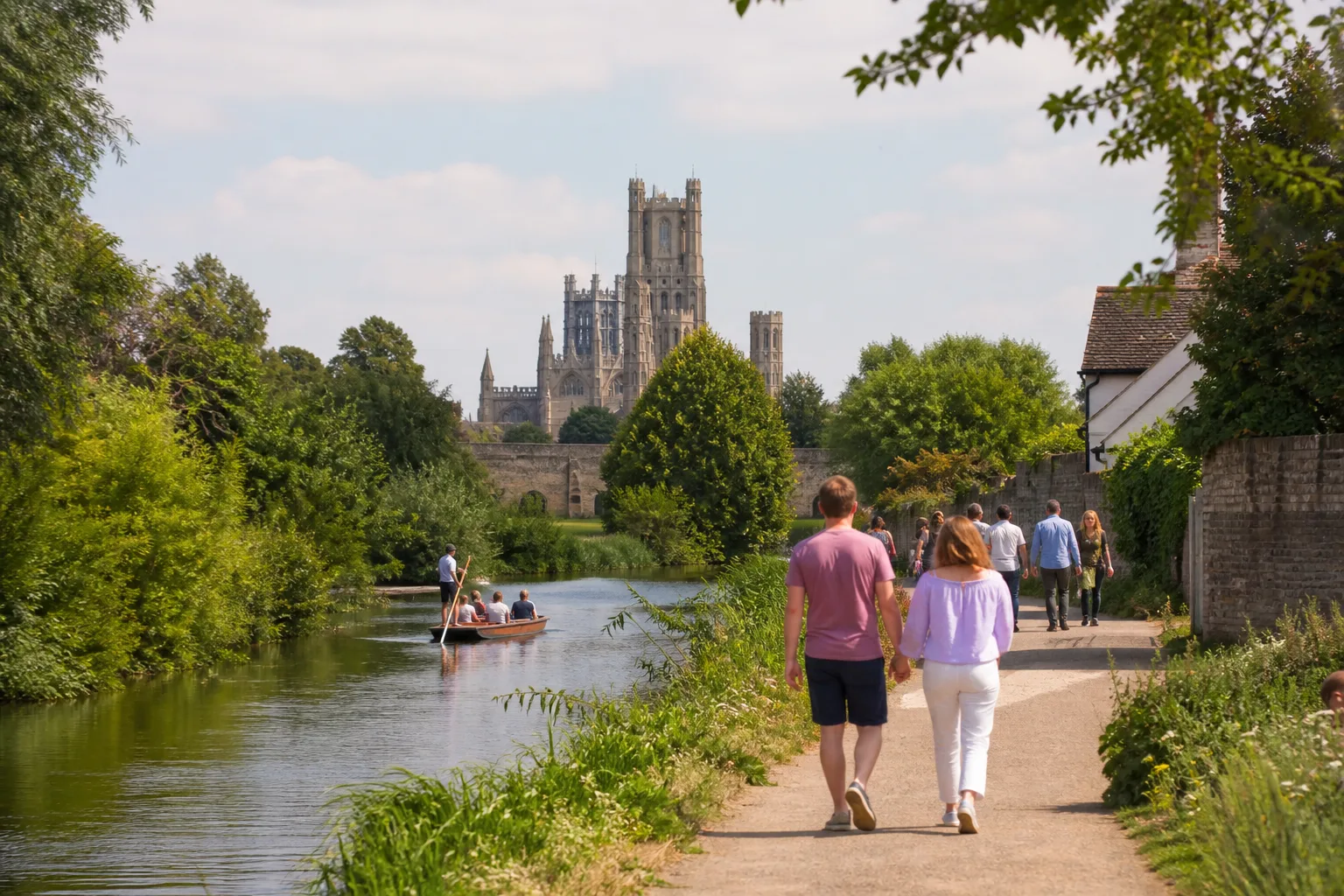 People walking beside the River Great Ouse near Ely