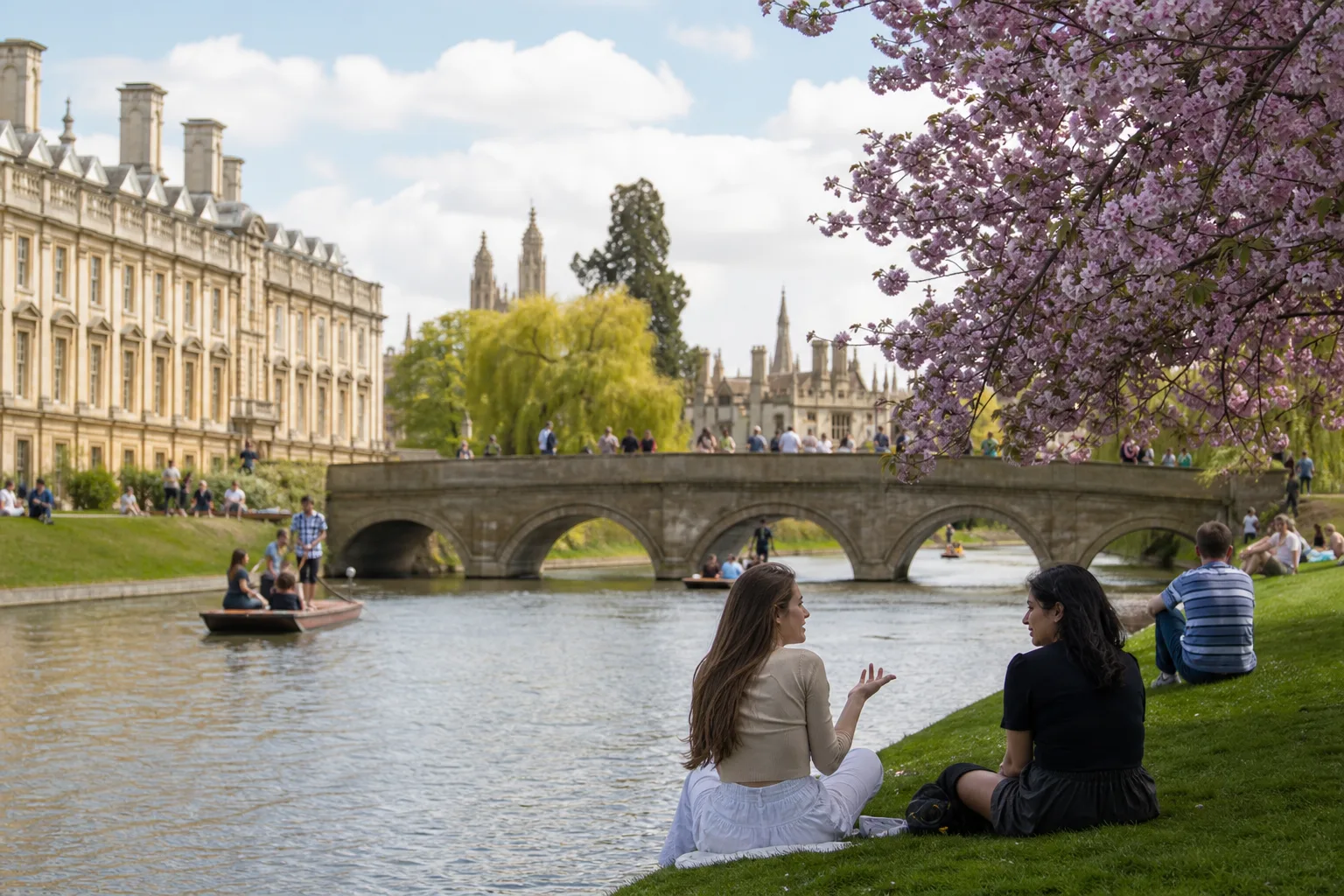 Two single people chatting beside the River Cam in Cambridge