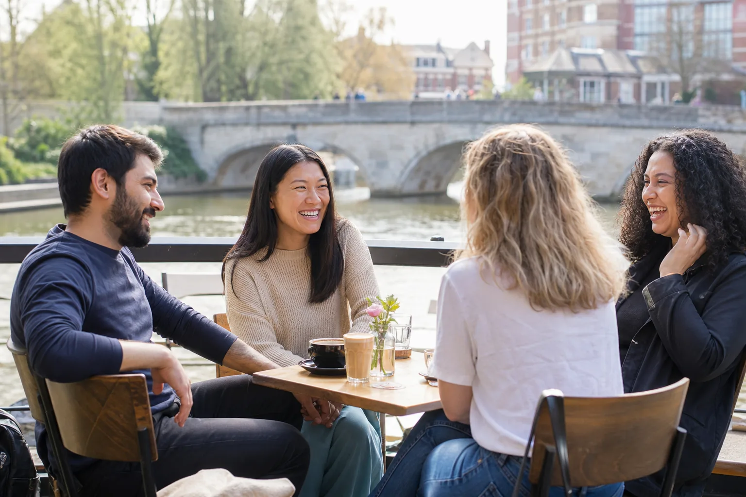 Two Cambridge singles talking over coffee in the city centre
