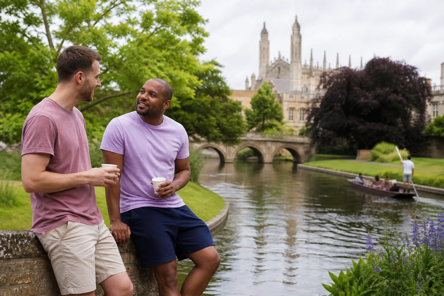 Two men talking beside the River Cam in Cambridge