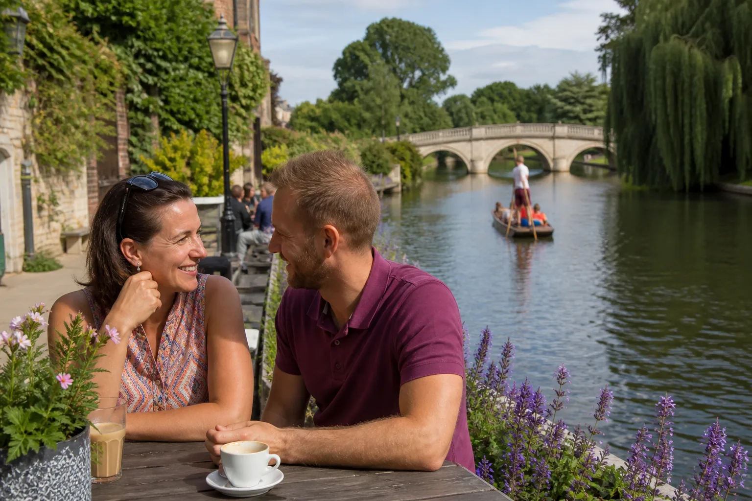 Two people talking beside the River Cam in Cambridge