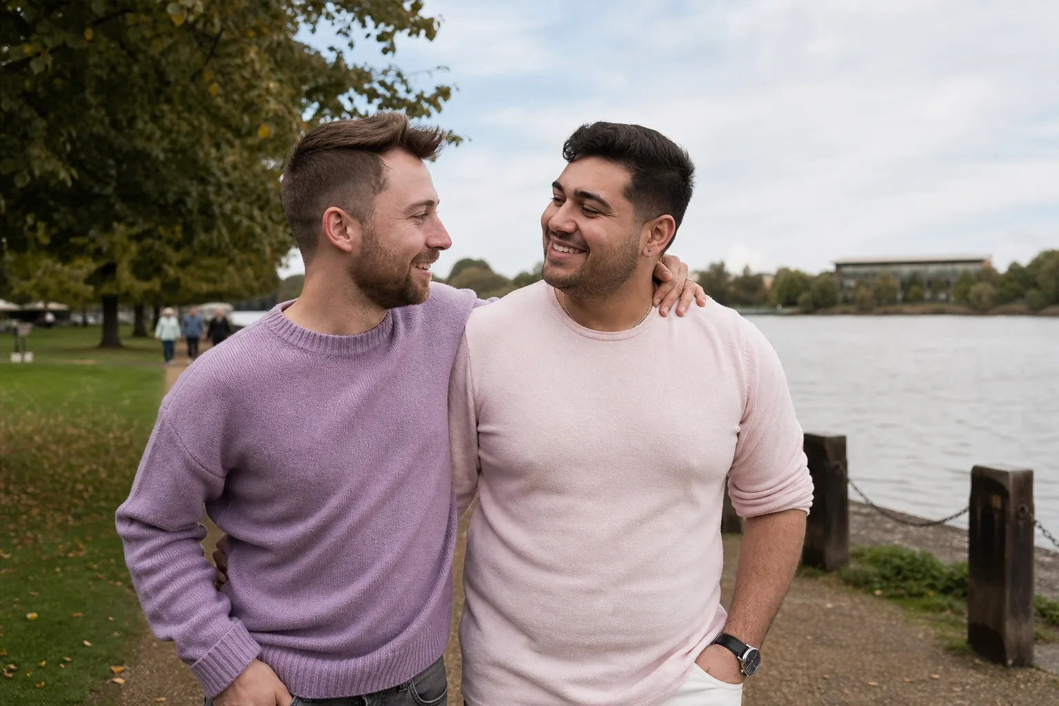 Two men walking beside the River Great Ouse in Huntingdon