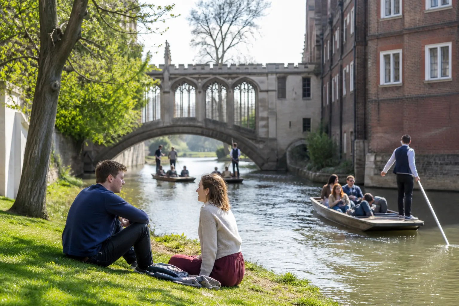 Two people talking beside the River Cam in Cambridge