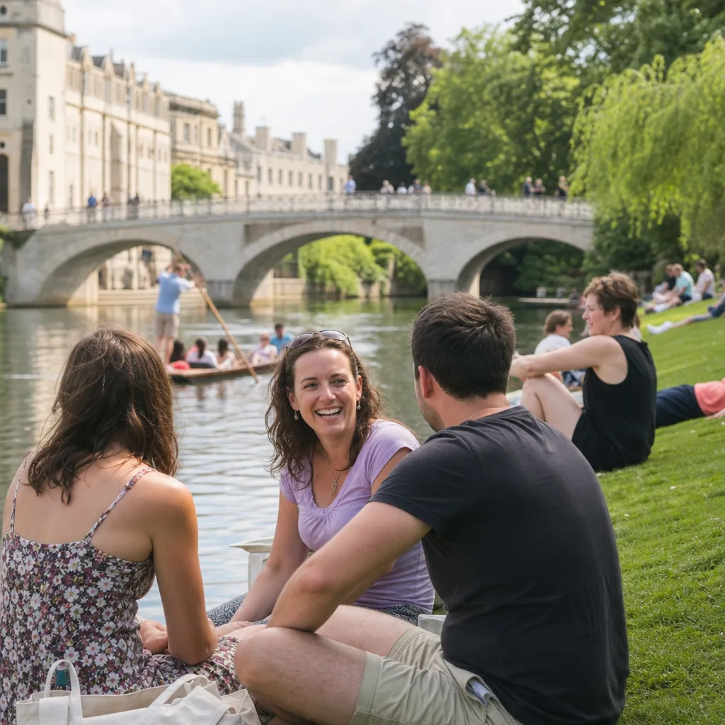 Two people meeting near Cambridge Market Square during the daytime