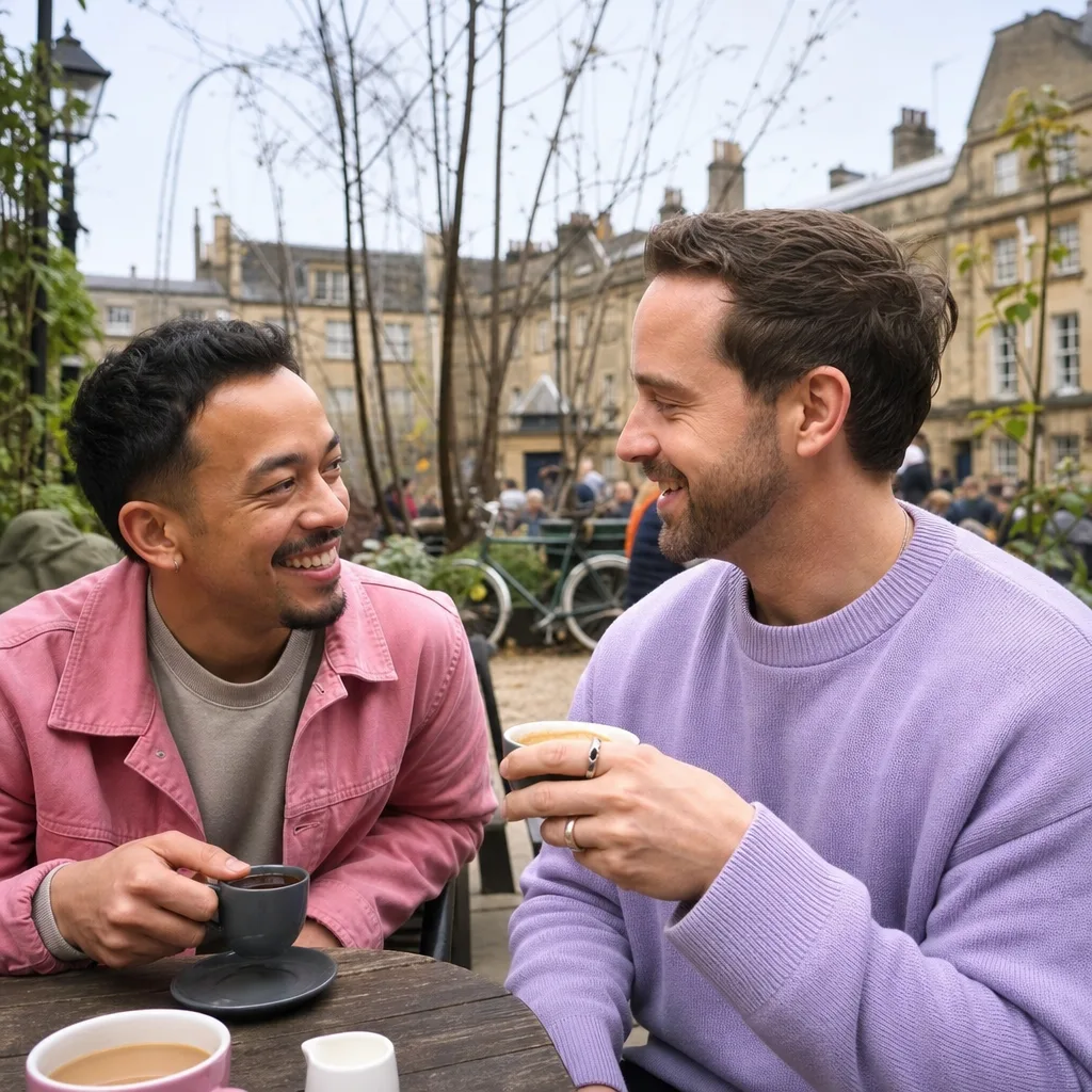Two gay men having coffee at a café in central Cambridge