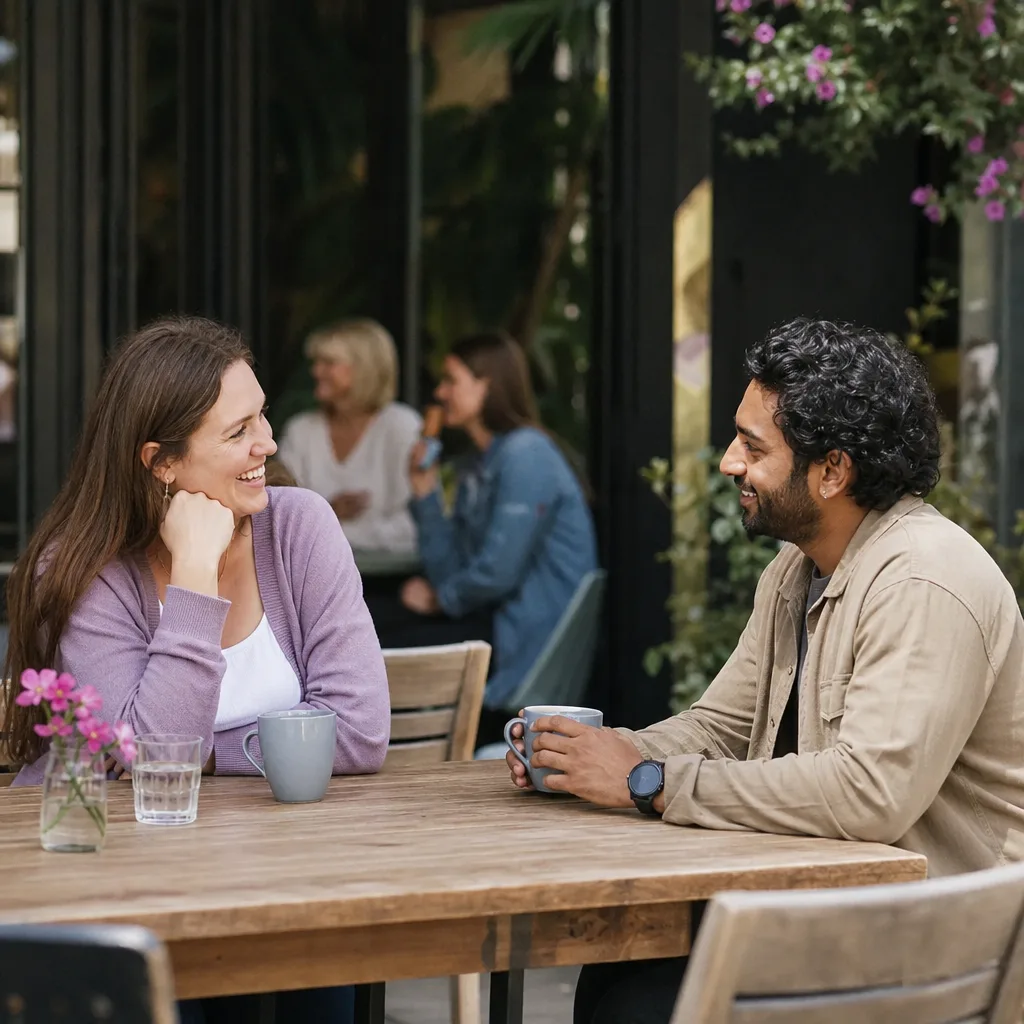 A couple having coffee at an independent cafe in Cambridgeshire