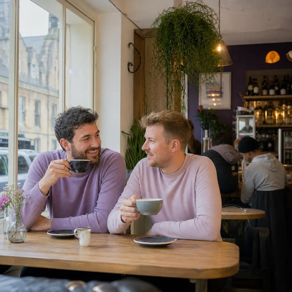 Man updating a gay dating profile on his phone in a Huntingdon café