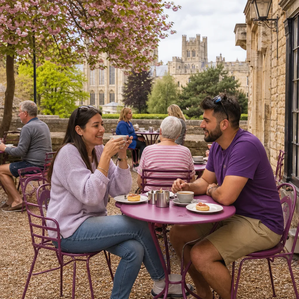 Two people talking on a daytime walk through Jubilee Gardens in Ely