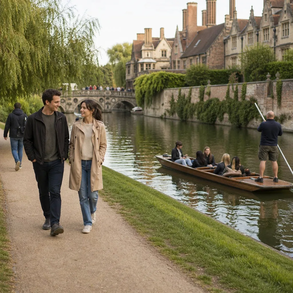 Two adults on a daytime first date walking across Jesus Green