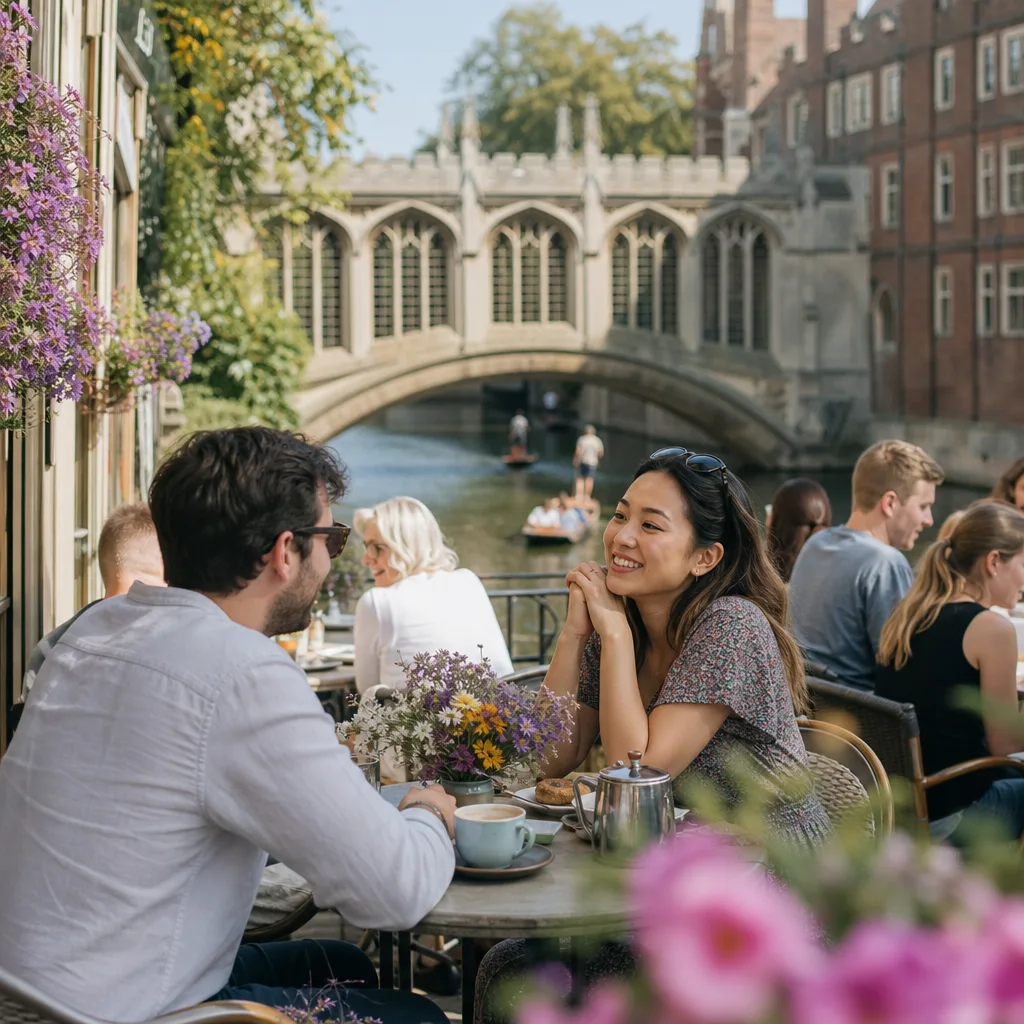 Two adults meeting in a busy public park in Cambridge