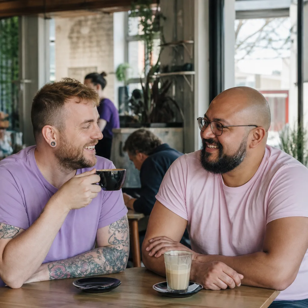 Two men having coffee on a first date in Huntingdon town centre